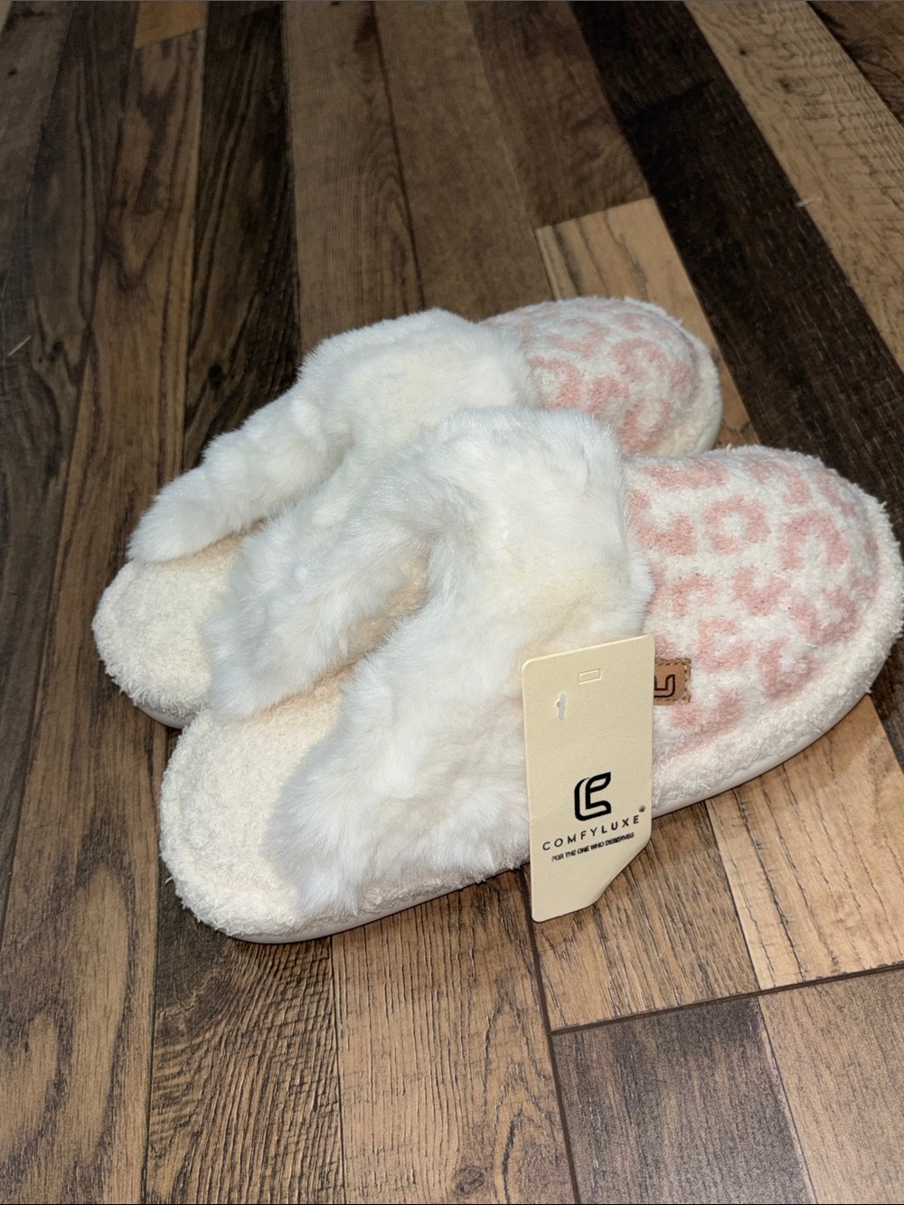 Women's Cream Faux Fur Slide Slippers with Pink Leopard Footbed
